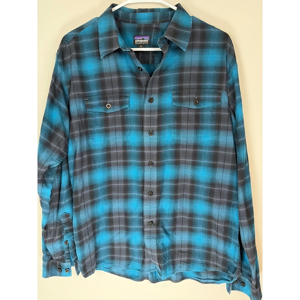 Patagonia Mens Organic Cotton Plaid Flannel Shirt Blue Black Long Sleeve M